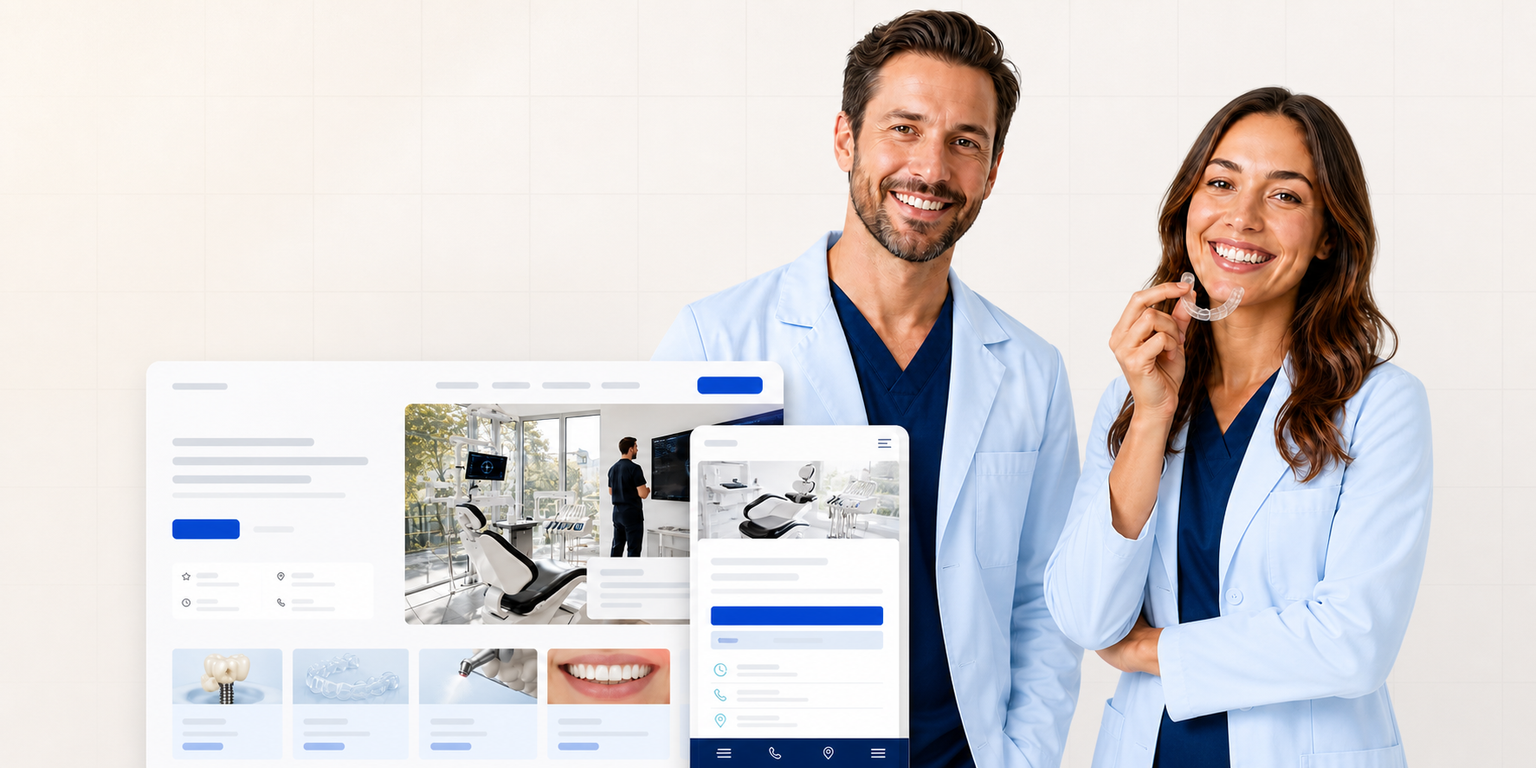 Zwei Zahnärzte mit Website- und Smartphone-Mockups einer modernen Zahnarztpraxis
