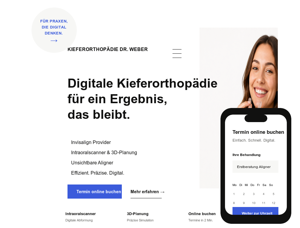 Website- und Smartphone-Mockup für eine digitale Kieferorthopädie-Praxis