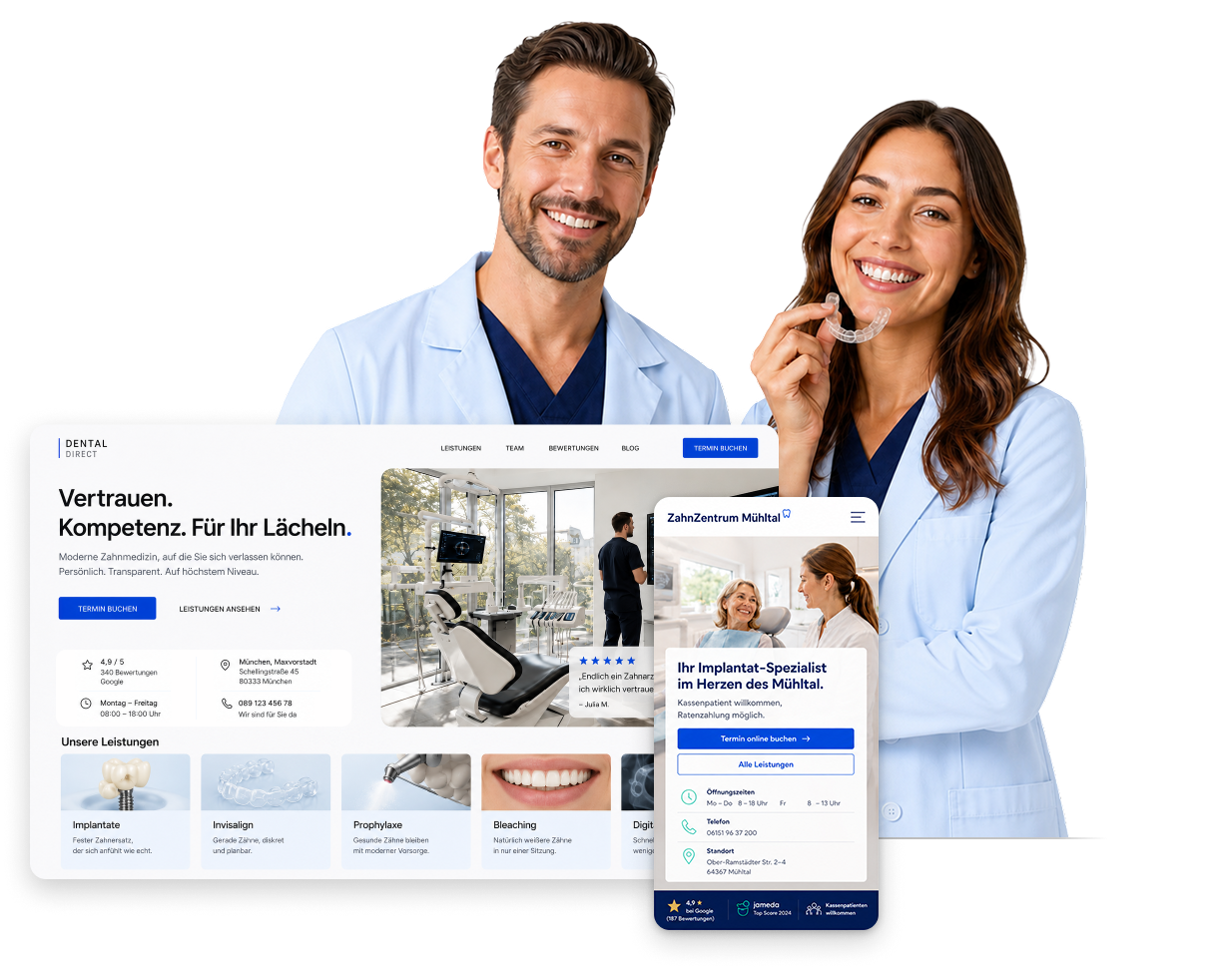 Zwei Zahnärzte mit Website- und Smartphone-Mockups einer modernen Zahnarztpraxis